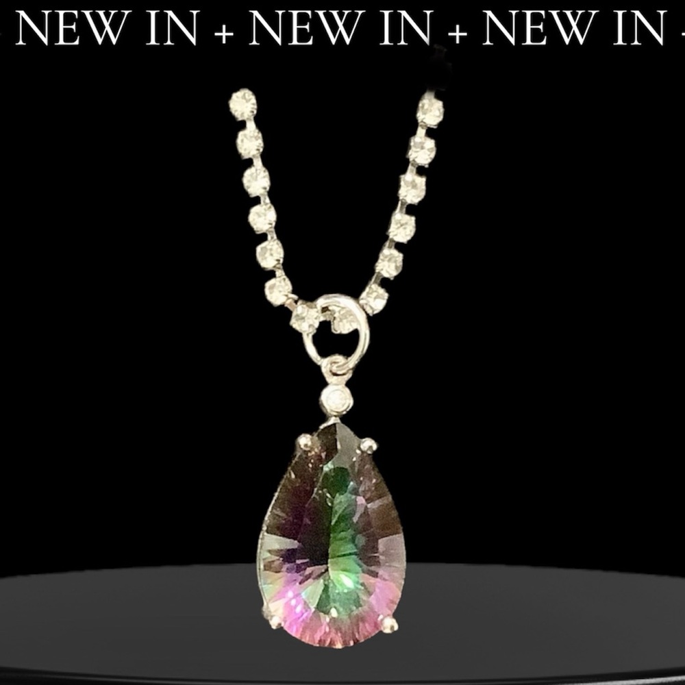 Elegant Silver Crystal Necklace With Mystic Topaz Teardrop Pendant. NWT